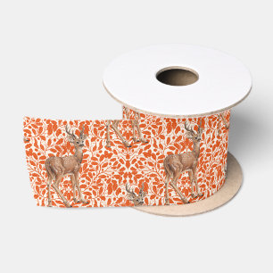 Deer on decorative oak damask pattern in dark oran satin ribbon