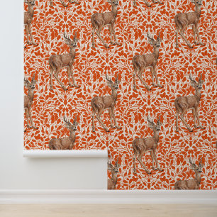 Deer on decorative oak damask pattern in dark oran wallpaper