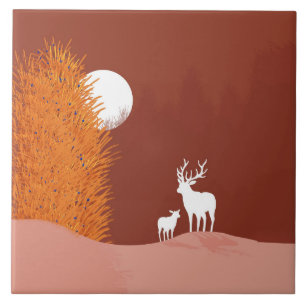 Deer on Moon Lit Hill  Tile