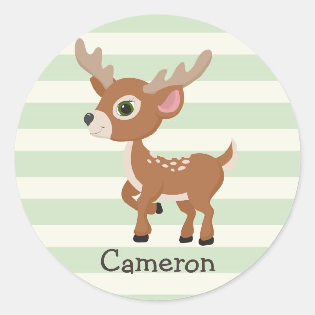 Deer on Pastel Green Stripes Classic Round Sticker (Front)