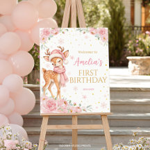 Deer Onederful Pink Floral Birthday Welcome Sign
