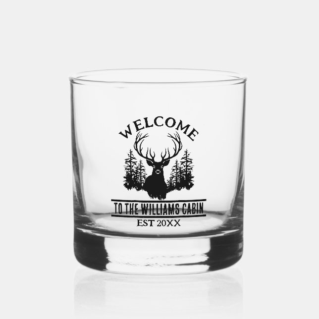 Deer Outdoors Camp Personalised Family Cabin Name Whiskey Glass (Front)