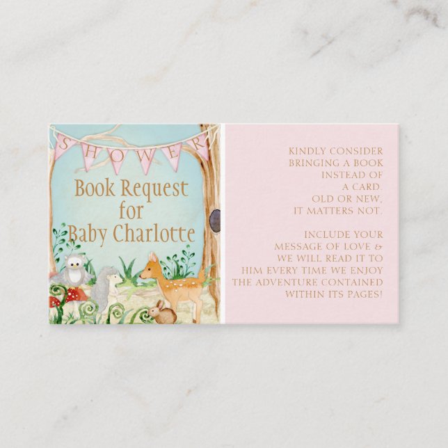 Deer Owl Woodland Forest Animals Book Request Business Card (Front)