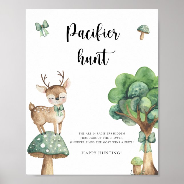 Deer - pacifier hunt baby shower game poster (Front)