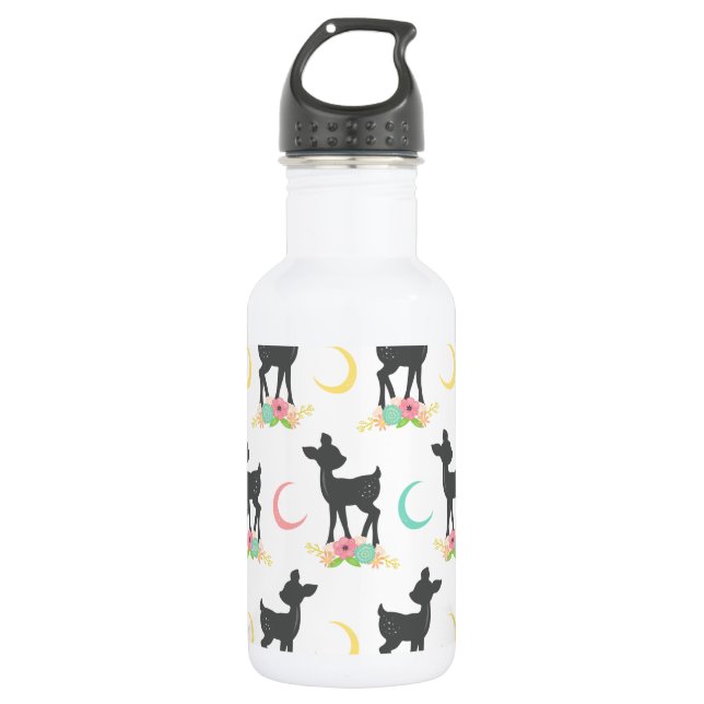 Deer Pattern, Baby Deer, Boho, Flowers, Moon 532 Ml Water Bottle (Front)