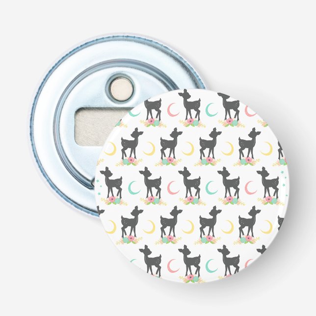 Deer Pattern, Baby Deer, Boho, Flowers, Moon Bottle Opener (Front)