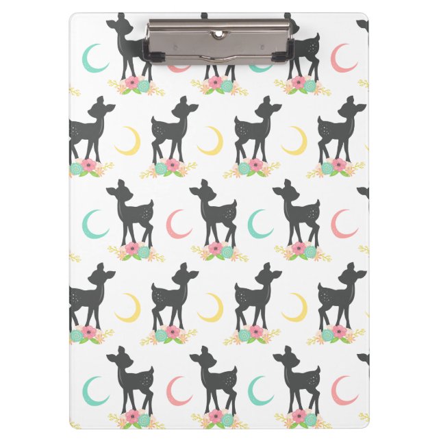 Deer Pattern, Baby Deer, Boho, Flowers, Moon Clipboard (Front)
