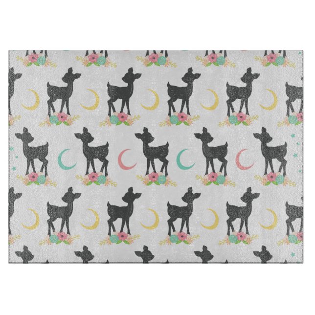 Deer Pattern, Baby Deer, Boho, Flowers, Moon Cutting Board (Front)