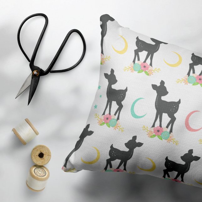 Deer Pattern, Baby Deer, Boho, Flowers, Moon Decorative Cushion (Creator Uploaded)