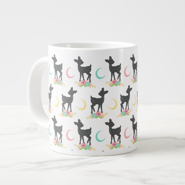 Deer Pattern, Baby Deer, Boho, Flowers, Moon Large Coffee Mug (Front Left)