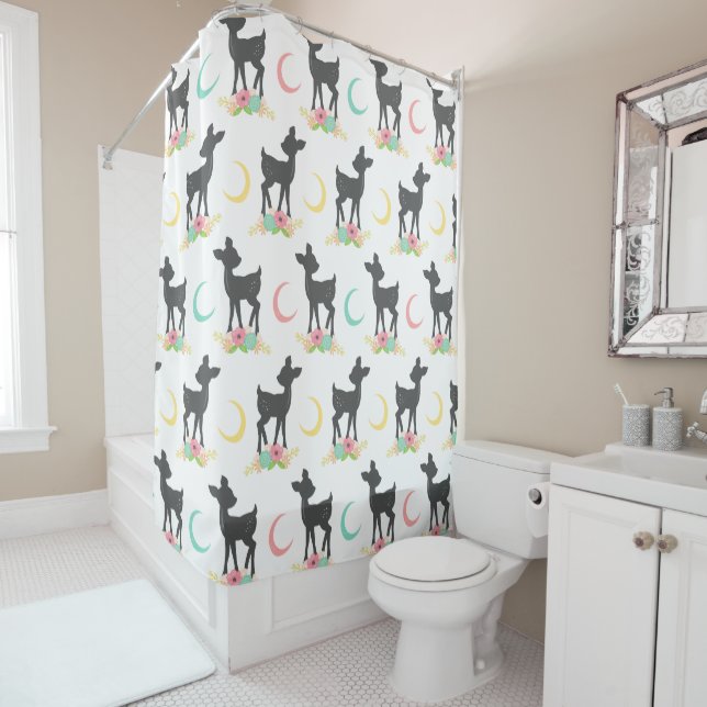 Deer Pattern, Baby Deer, Boho, Flowers, Moon Shower Curtain (In Situ)