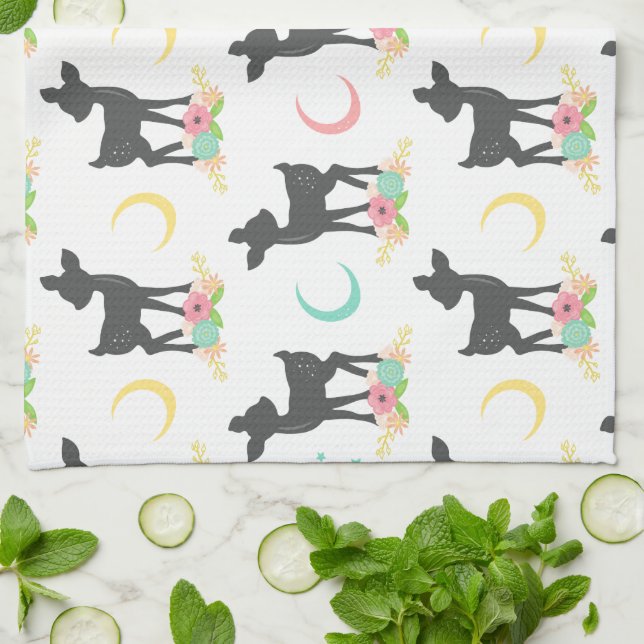 Deer Pattern, Baby Deer, Boho, Flowers, Moon Tea Towel (Folded)