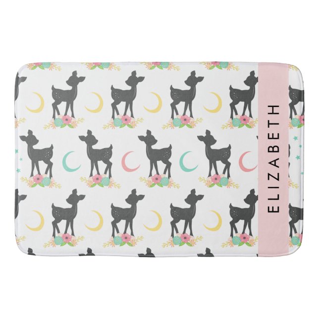 Deer Pattern, Baby Deer, Boho, Flowers, Your Name Bath Mat (Front)