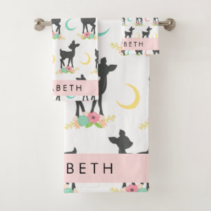 Deer Pattern, Baby Deer, Boho, Flowers, Your Name Bath Towel Set