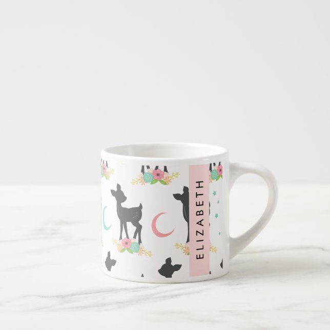 Deer Pattern, Baby Deer, Boho, Flowers, Your Name Espresso Cup (Right)