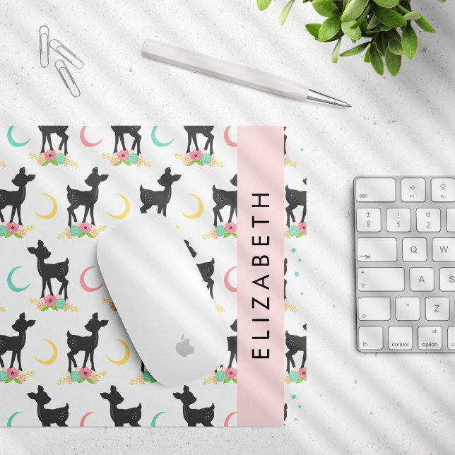 Deer Pattern, Baby Deer, Boho, Flowers, Your Name Mouse Pad (Creator Uploaded)