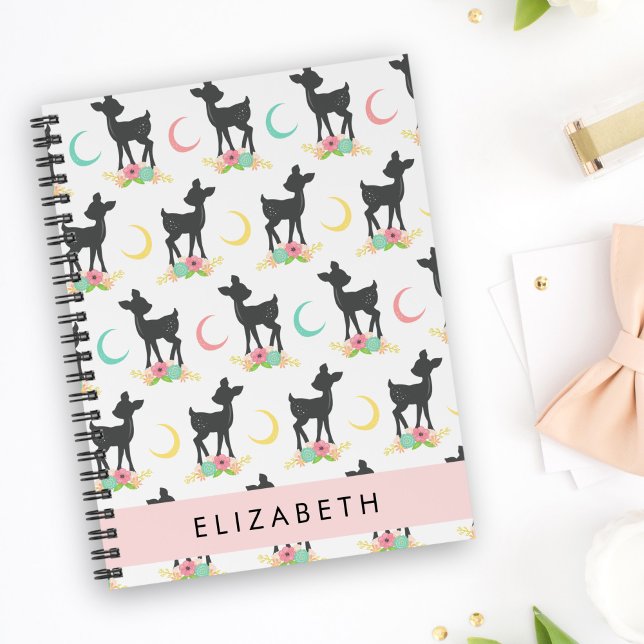Deer Pattern, Baby Deer, Boho, Flowers, Your Name Notebook (Creator Uploaded)