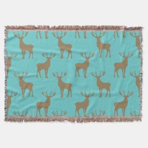 Deer Pattern in Brown on Turquoise Throw Blanket