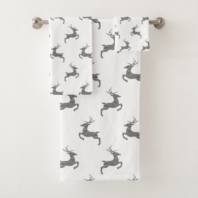 Deer Pattern In Faux Grey Glitter Texture Look Bath Towel Set (Insitu)