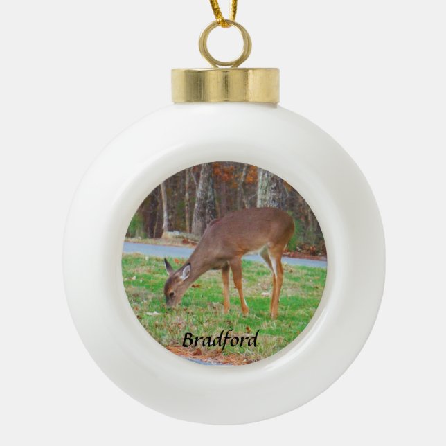 Deer, Personalise with name Ceramic Ball Christmas Ornament (Front)
