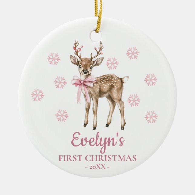 Deer Personalized Girl's First Christmas Ceramic Tree Decoration (Front)