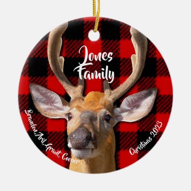 Deer photo - Classic red and black plaid   Ceramic Tree Decoration (Front)