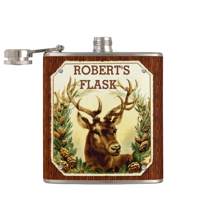 Deer Pine Cone Personalised with Wood Grain Hip Flask (Opened)