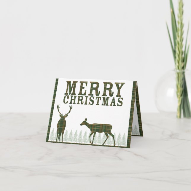 Deer & Pine Tree Plaid Christmas Card (Front)