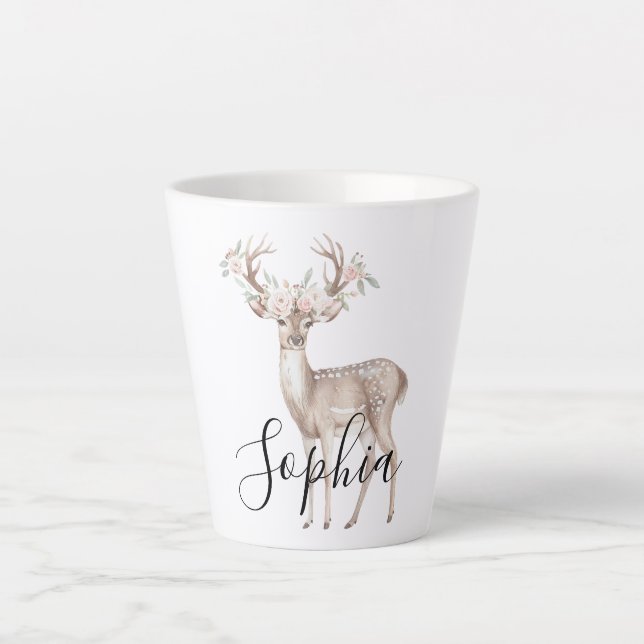 Deer Pink Flowers Latte Mug (Front)