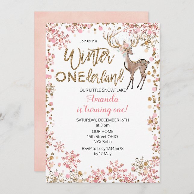 Deer Pink Glitter Winter Birthday Invitation (Front/Back)
