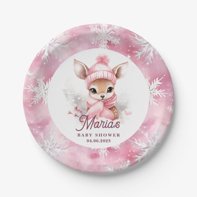 Deer Pink Winter Hat Scarf Custom Name Girl Party Paper Plate (Front)