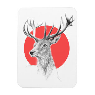 Deer portrait pencil drawing red circle Magnet