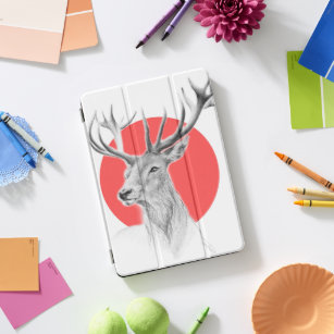 Deer portrait Stag drawing Red circle Animal art iPad Pro Cover