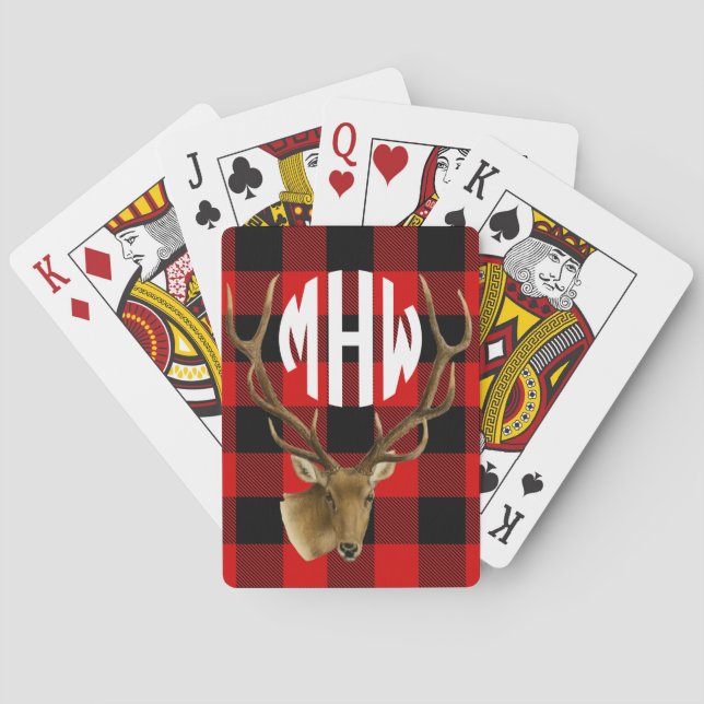 Deer Red Black Wht Circle Monogram Buffalo Plaid Playing Cards (Back)