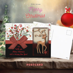 Deer Red Bow Black White Holiday Postcard