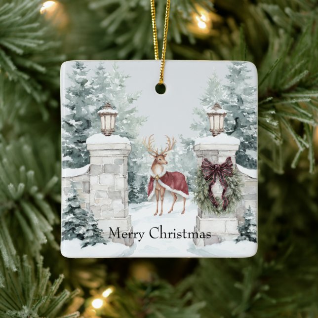 Deer Red Coat Snow Christmas Ceramic Ornament (Tree)