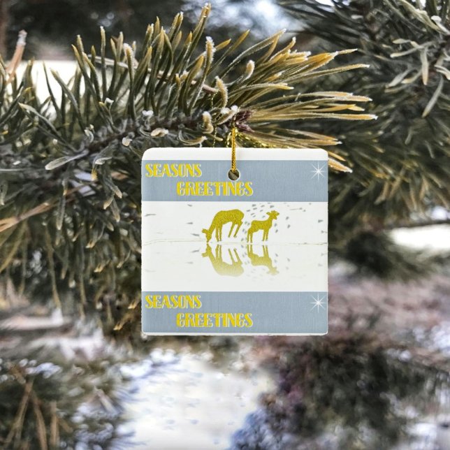 Deer Reflection- Star Ceramic Ornament (An idyllic, winter forest scene, with deer, is showcased in this ceramic ornament!)