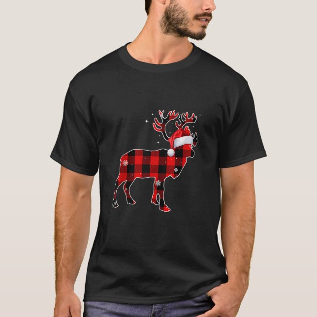 Deer Reindeer Buffalo Plaid Santa Hat Xmas Deer Ch T-Shirt (Front)