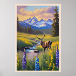 Deer Rocky Mountain Meadow Wildflowers Painting Poster