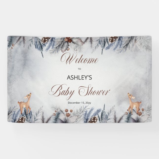 Deer Rustic Winter Floral Baby Shower Welcome Banner (Horizontal)