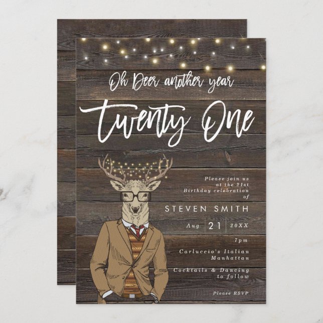 deer rustic wood lights 21st birthday invitation (Front/Back)