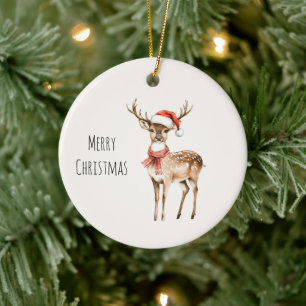 Deer Santa Hat Christmas Ceramic Tree Decoration