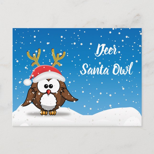 Deer Santa Owl Holiday Postcard (Front)
