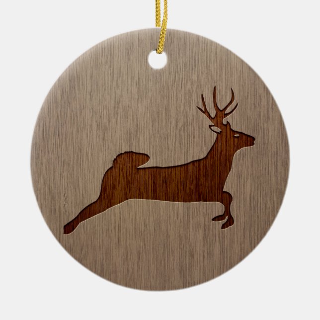 Deer silhouette engraved on wood design ceramic tree decoration (Front)
