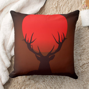 Deer Silhouette with Fiery Red Sunset Cushion