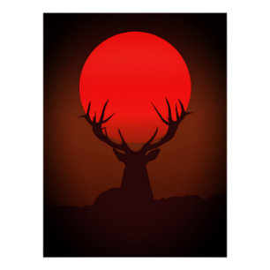 Deer Silhouette with Fiery Red Sunset Poster
