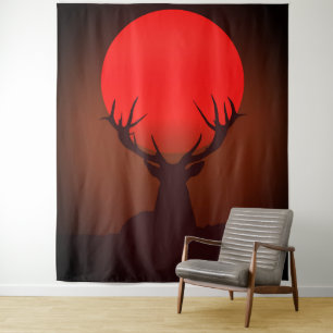 Deer Silhouette with Fiery Red Sunset Tapestry