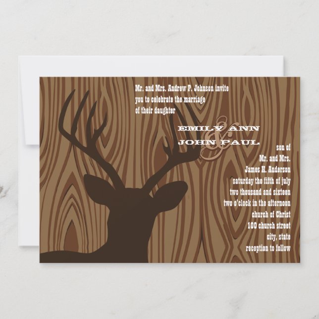Deer Silhouette Wood Grain Wedding Invite (Front)