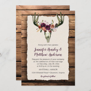 Deer Skull Dark Purple Floral Bouquet Barn Wood Invitation
