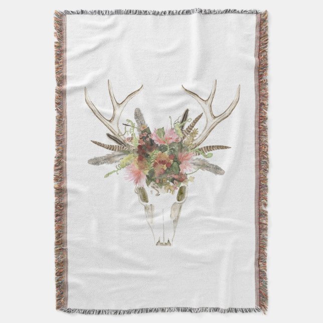 Deer Skull & Flowers Throw Blanket (Front Vertical)